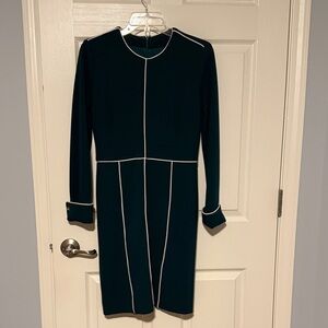Neiman Marcus Dark Green Long Sleeve Dress with White Trim